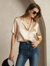 [Champagne] SilkSilky-NL Short Sleeve Lapel Collar Dames Blouse 001