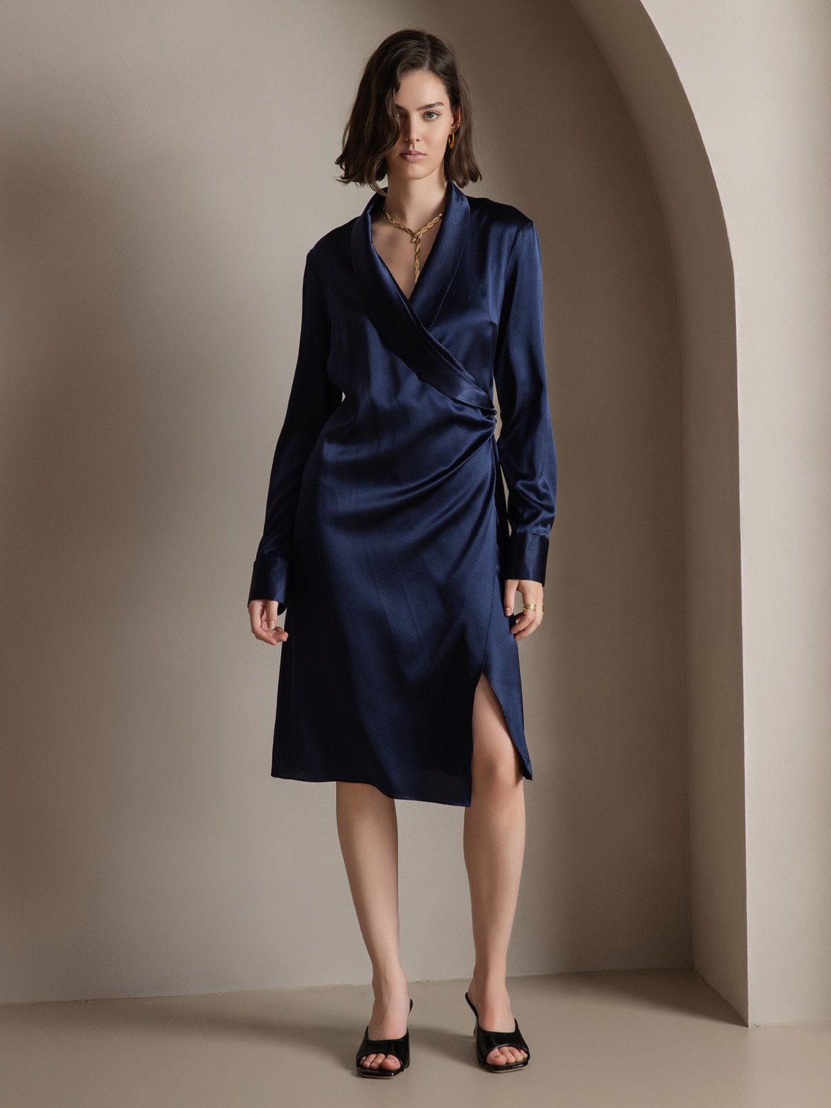 [Donkerblauw] SilkSilky-NL 19Momme Zijde Dress 003
