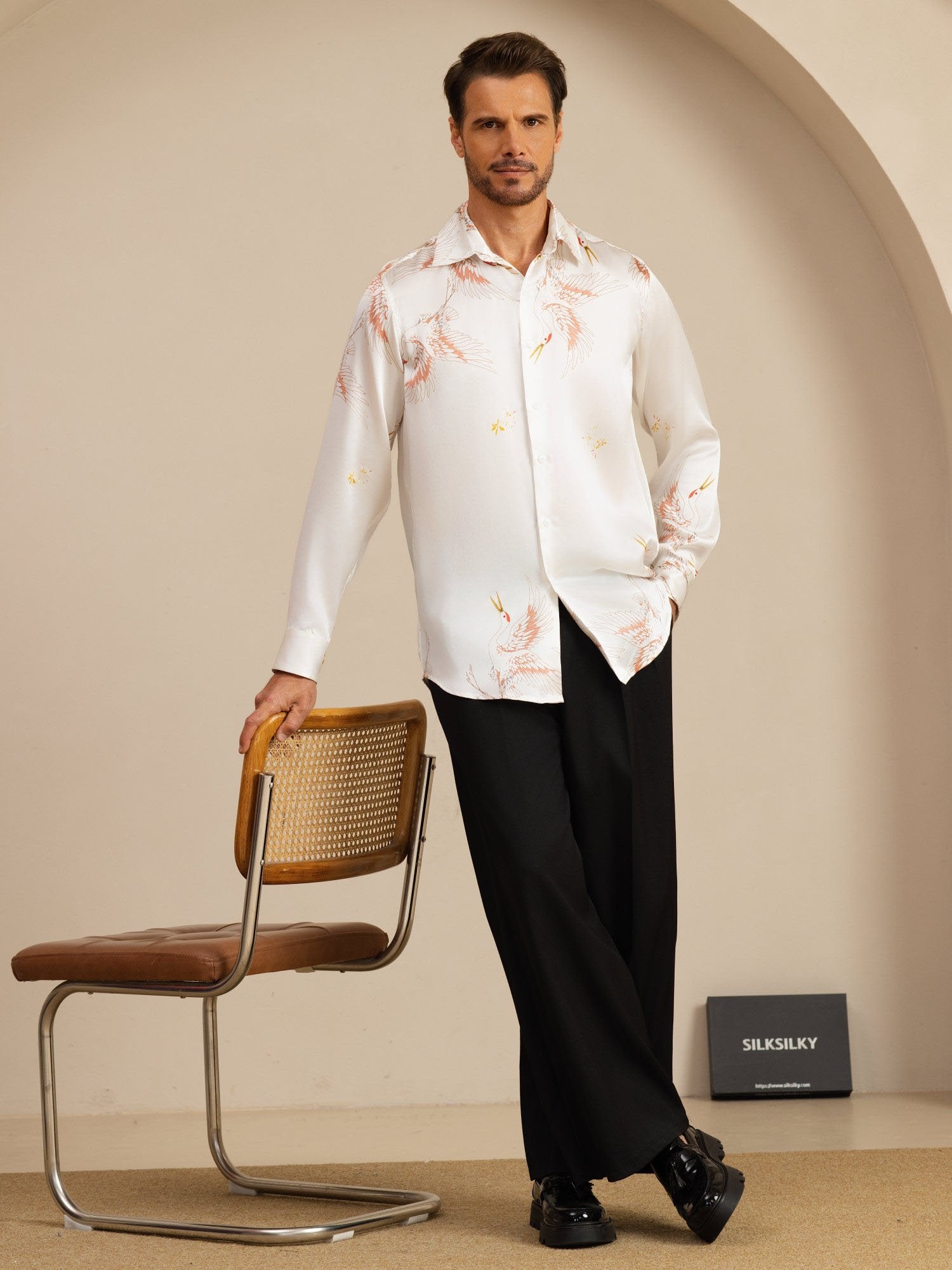 [Wit] SilkSilky-NL 19Momme Lange Mouw Reverskraag Heren Shirt 006
