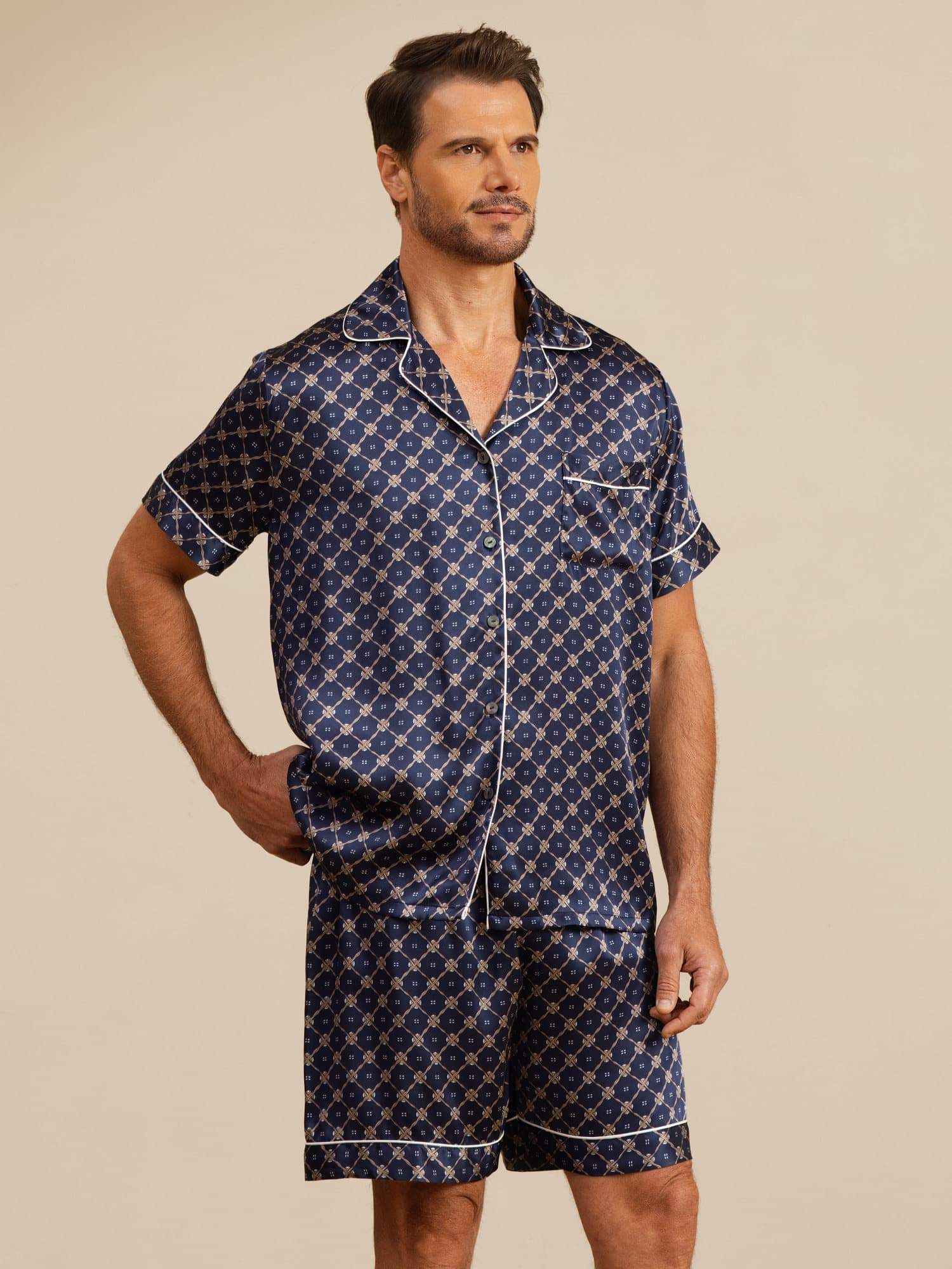 [Marine Ketting] SilkSilky-NL Short Sleeve Lapel Collar Heren Pyjama Set 001