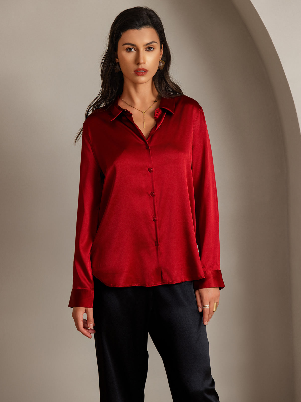 [Rode] SilkSilky-NL Zijde Lange Mouw Kraag Dames Blouse 003