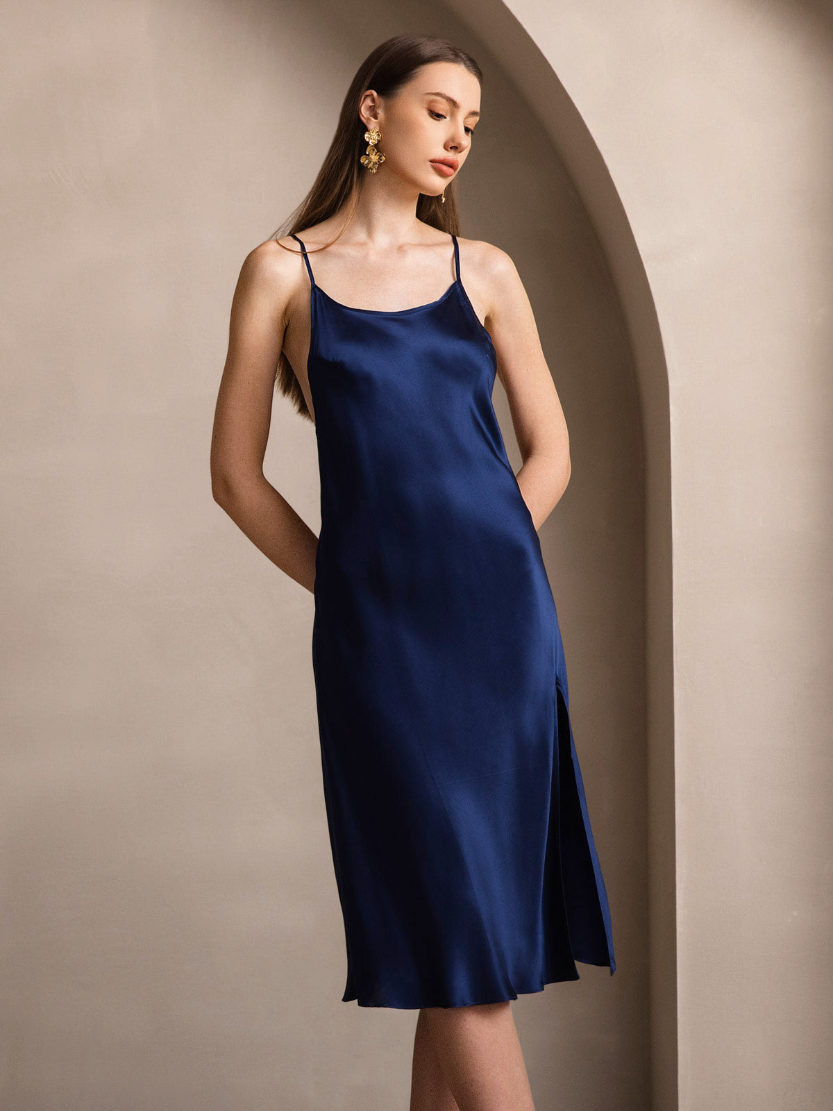 [Donkerblauw] SilkSilky-NL Ronde Hals Jurk 001