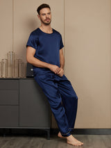 [Donkerblauw] SilkSilky-NL Pure Silk Korte Mouw Ronde Hals Heren Pyjama Set 005