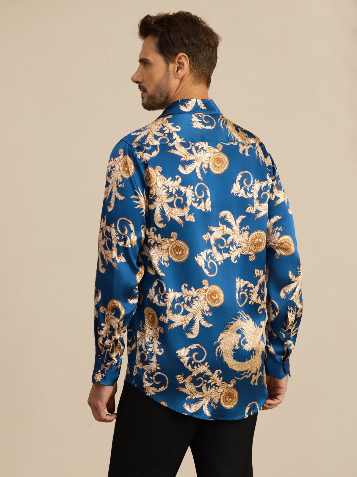 [Navy Draak] SilkSilky-NL Long Sleeve Lapel Collar Heren Shirt 002