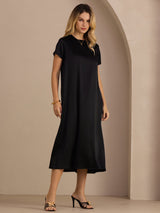 [Zwart] SilkSilky-NL Short Sleeve Round Neck Jurk 005