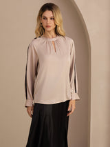 [Tan] SilkSilky-NL Long Sleeve Keyhole Neck Blouse 004