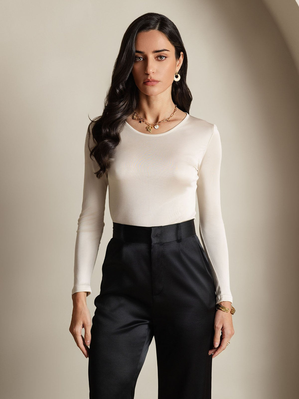 [Beige] SilkSilky-NL Lange Mouw Ronde Hals Dames T-Shirt 001