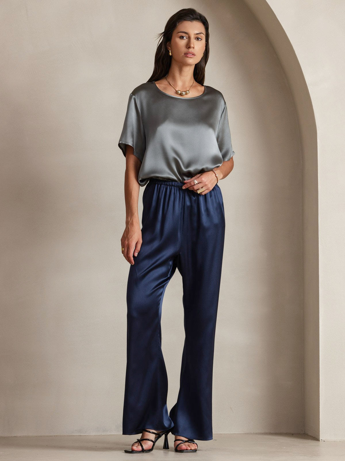 SilkSilky-NL Korte Mouw Ronde Hals Dames T-Shirt Donkergrijs 006