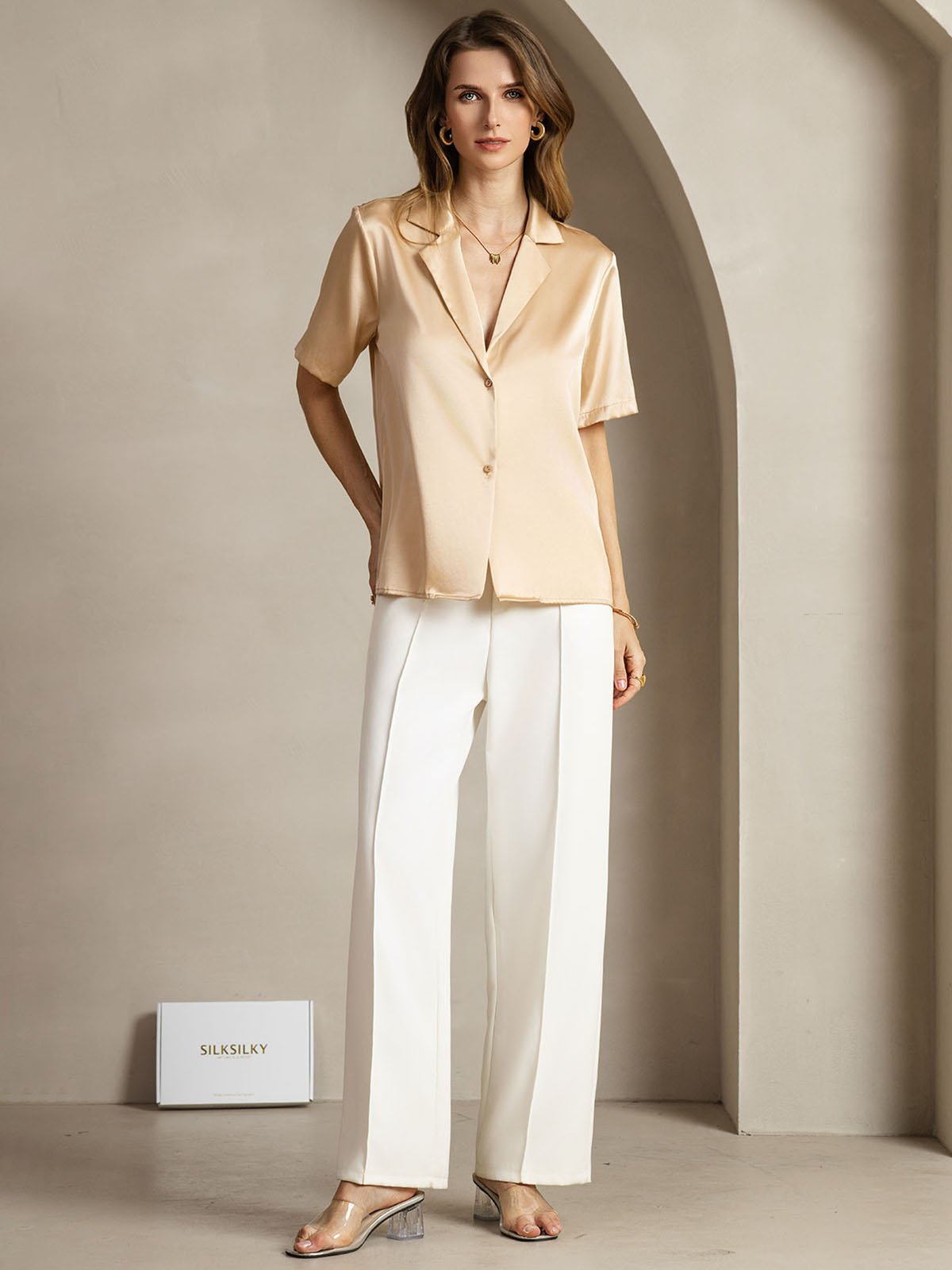 [Champagne] SilkSilky-NL 19Momme Zijde Inkeping Dames Blouse 003