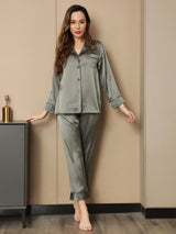 [Grijsachtig Groen] SilkSilky-NL Lange Mouw Womens Pajamas 003