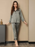 SilkSilky NL Pure Silk Lange Mouw Revers Dames Pyjama Set GrijsachtigGroen 003