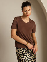 [Koffie] SilkSilky-NL Short Sleeve V Neck Dames T-Shirt 006