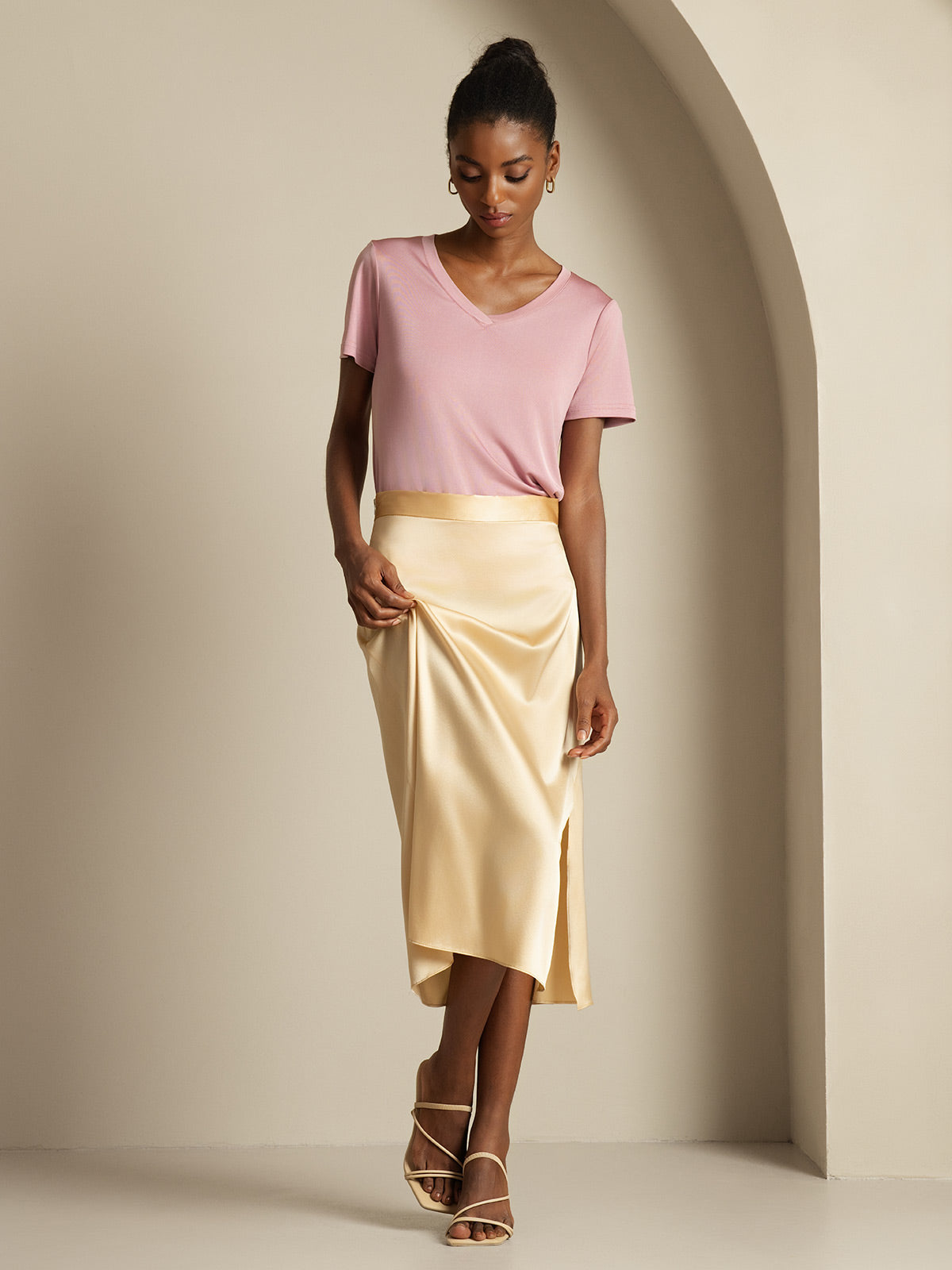 [Champagne] SilkSilky-NL 19Momme Zijde Skirt 005