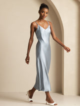[Grijsachtig Blauw] SilkSilky-NL Spaghetti Strap V Neck Jurk 004