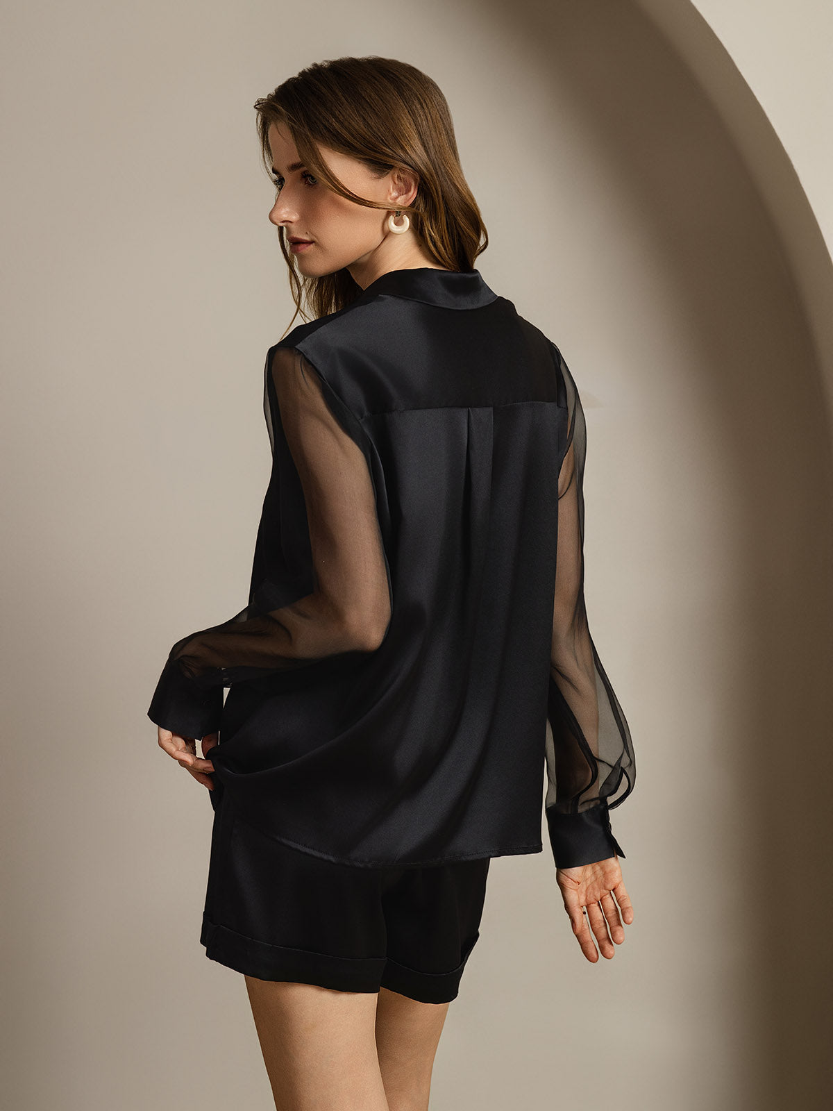 [Zwart] SilkSilky-NL 19Momme Zijde Kraag Dames Blouse 002