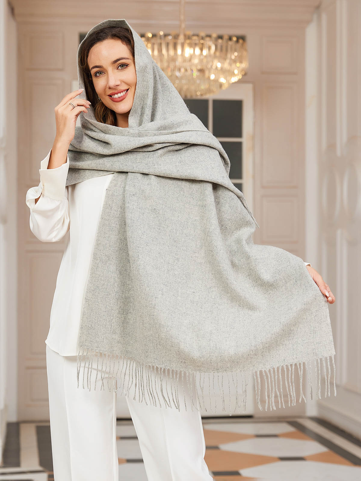 [Lichtgrijs] SilkSilky-NL Wol Scarf 001