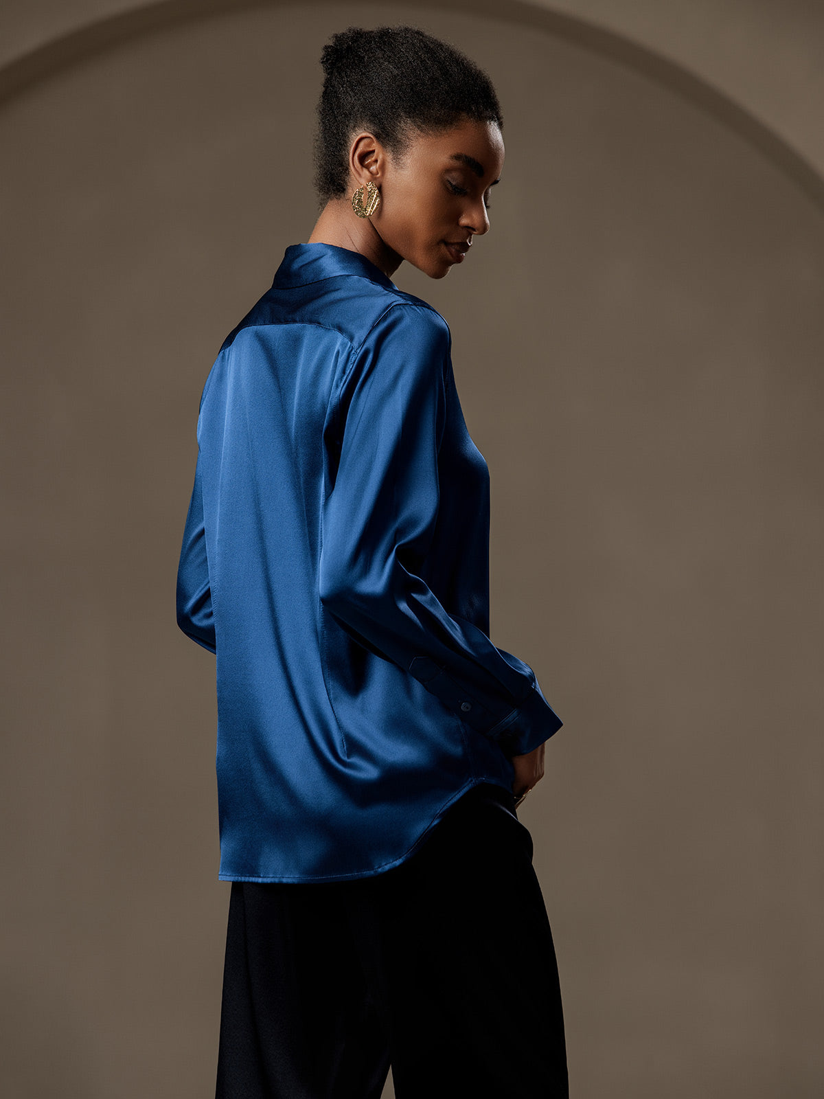 [Koningsblauw] SilkSilky-NL Zijde Lange Mouw Kraag Dames Blouse 002