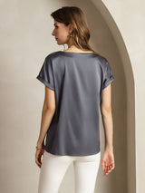 [Donkergrijs] SilkSilky-NL 19Momme Korte Mouw Boat Hals Dames T-Shirt 002
