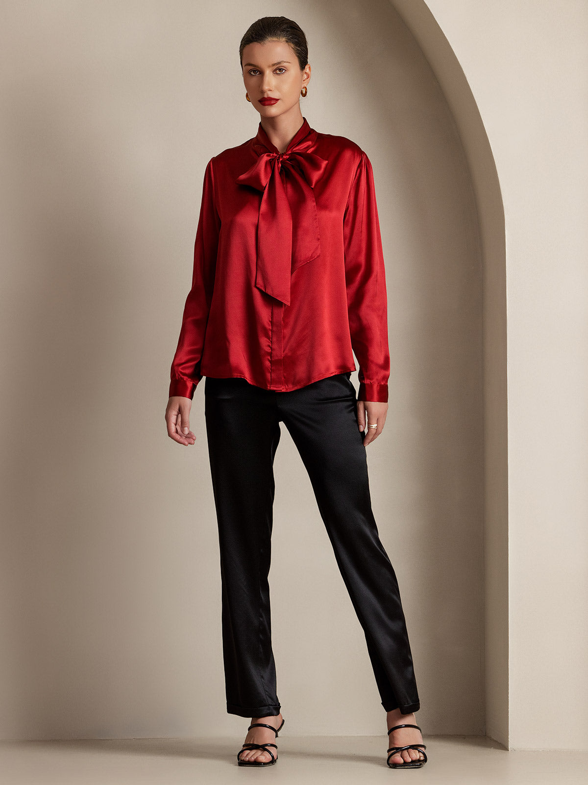 [Wijn] SilkSilky-NL 19Momme Zijde Lange Mouw Binda Hals Dames Blouse 005