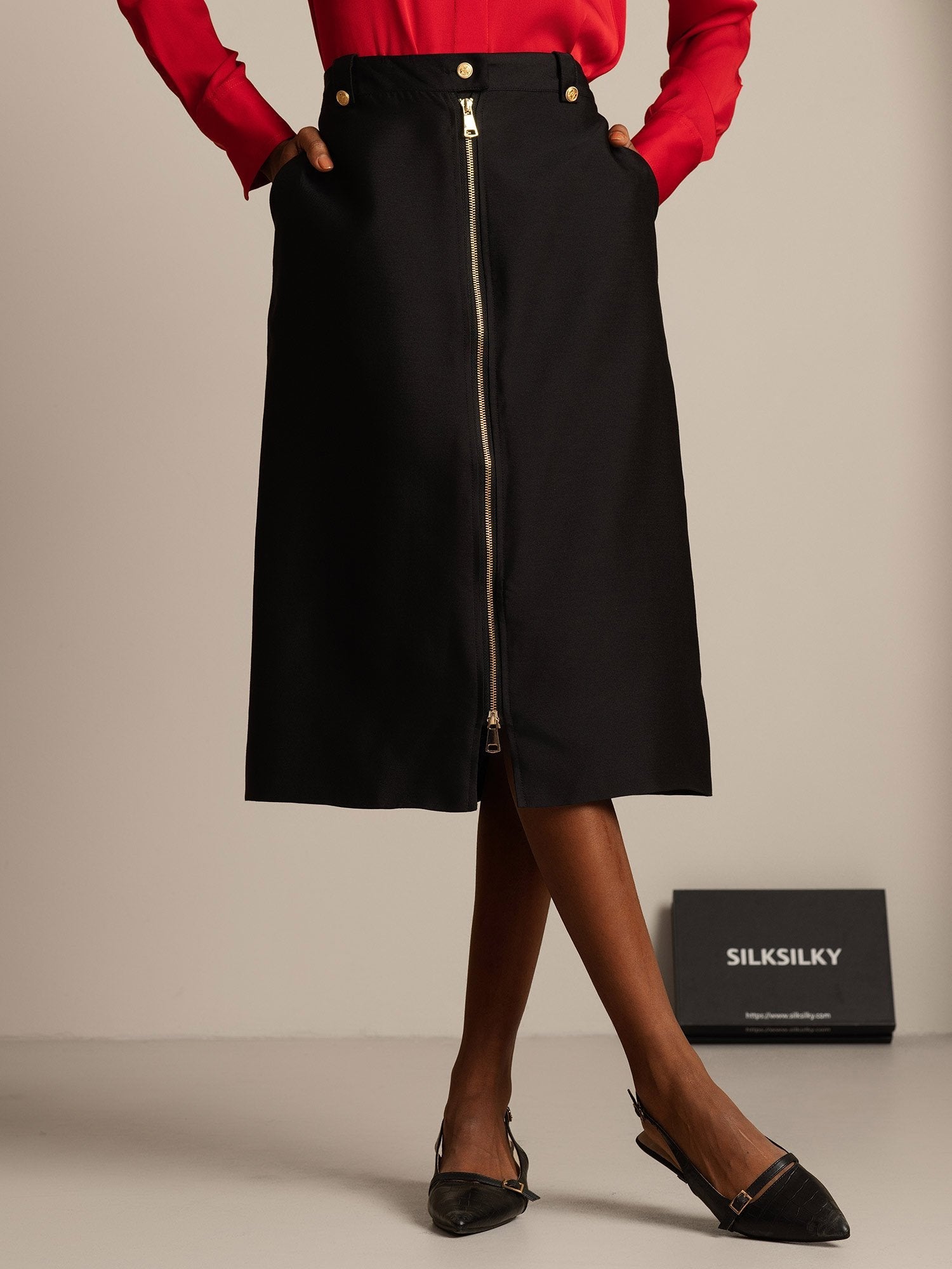 [Zwart] SilkSilky-NL 32Momme Silk-Wool Blend Skirt 001,