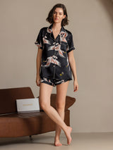 [Zwart] SilkSilky-NL 19Momme Korte Mouw Notchkraag Dames Pyjama Set 006