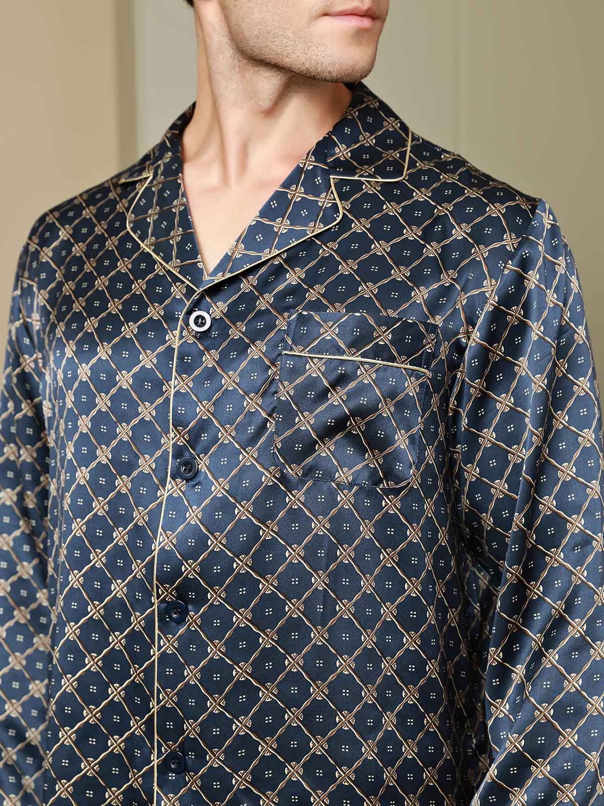 [Donkerblauw] SilkSilky-NL Pure Silk Lange Mouw Revers Heren Pyjama Set 009