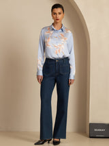 [Lichtblauw] SilkSilky-NL Long Sleeve Lapel Collar Dames Blouse 007