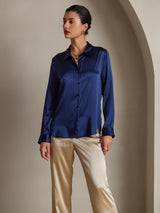 [Donkerblauw] SilkSilky-NL 19Momme Lange Mouw Reverskraag Dames Blouse 001