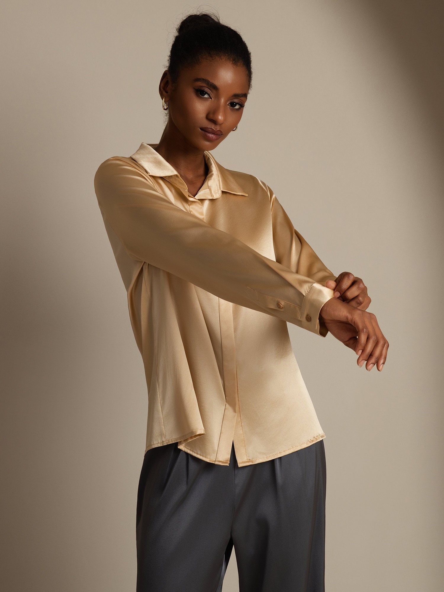 [Champagne] SilkSilky-NL 19Momme Zijde Kraag Dames Blouse 005