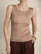 [Koffie] SilkSilky-NL Mouwloos Ronde Hals Dames T-Shirt 005
