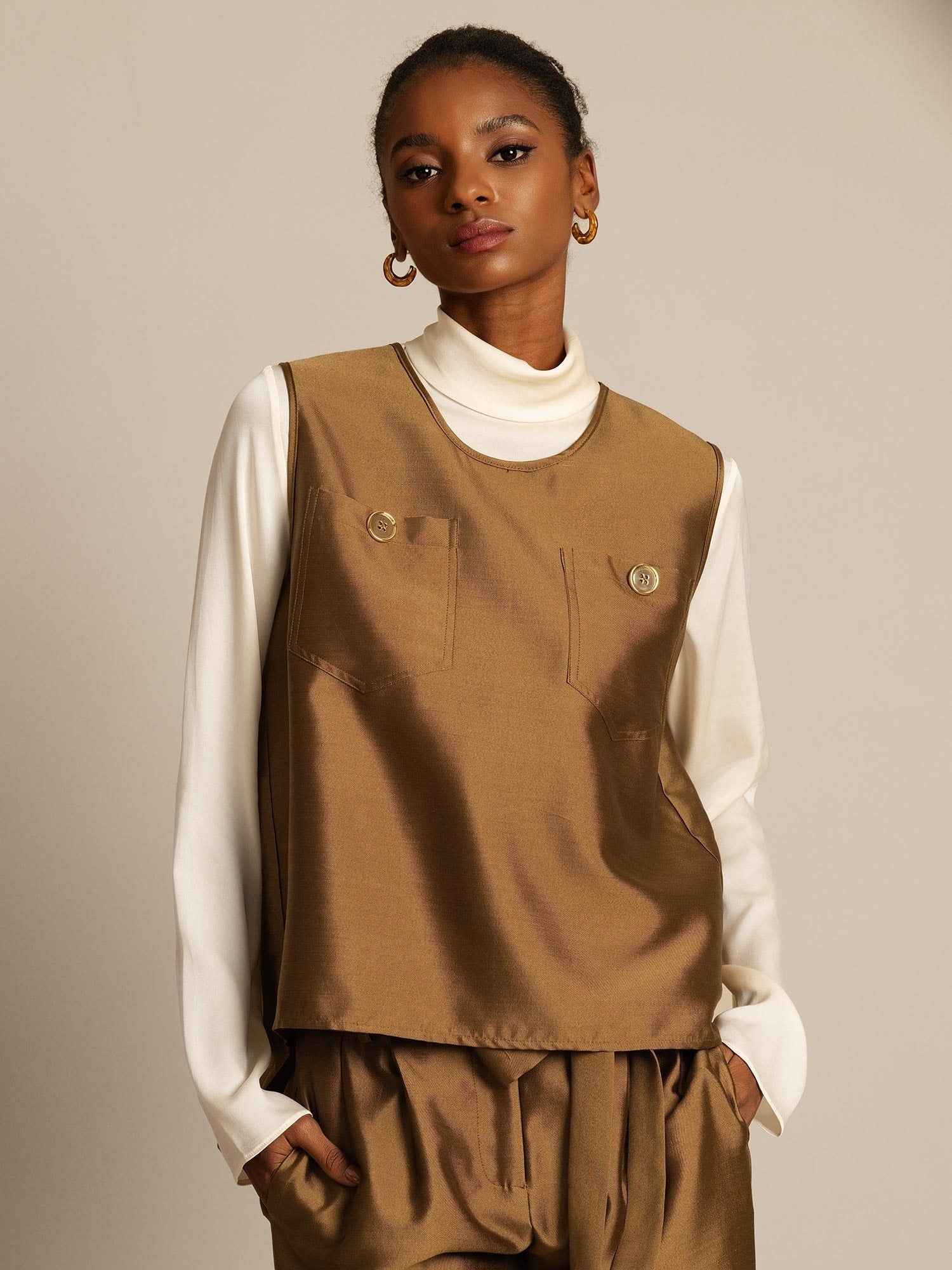 [Brons] SilkSilky-NL 32Momme Silk-Wool Blend Womens Vest 001,