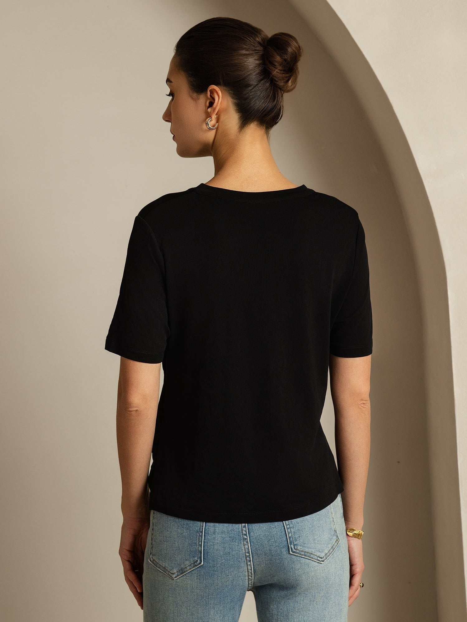 [Zwart] SilkSilky-NL Korte Mouw V Hals Dames T-Shirt 002