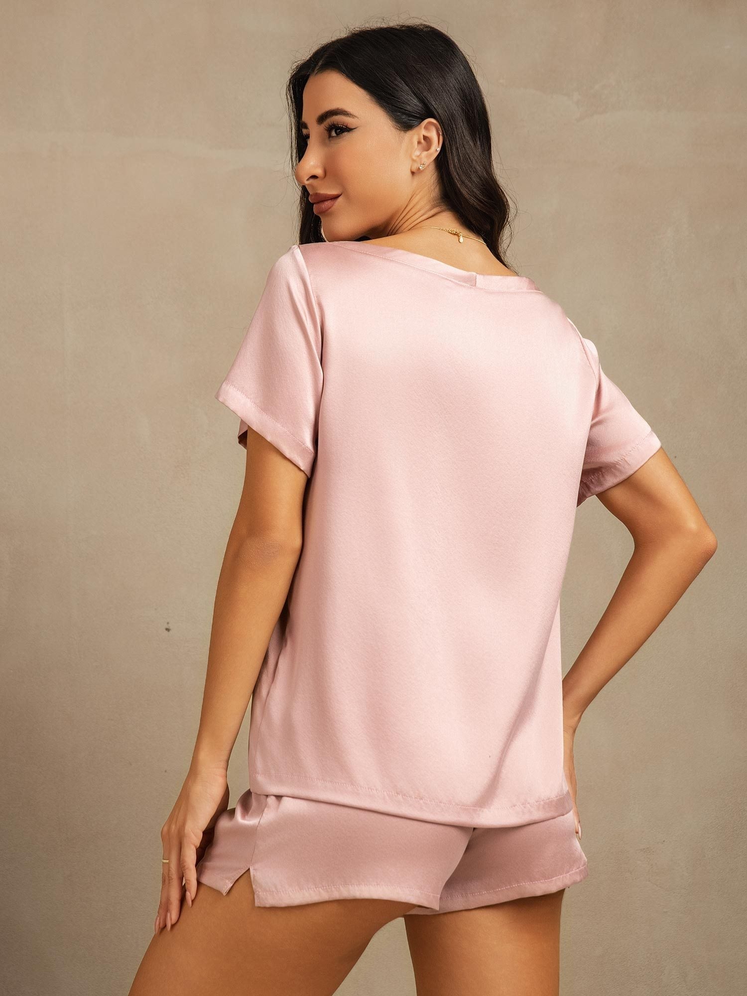 [Perzikhuid] SilkSilky-NL 19Momme Zijde Ronde Hals Dames Pyjama Set 002,