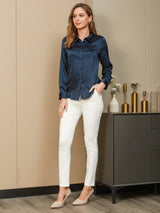 [Donkerblauw] SilkSilky-NL Long Sleeve Lapel Collar Dames Blouse 006