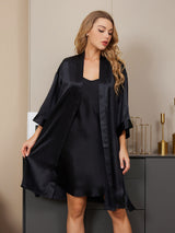 [Zwart] SilkSilky-NL 3/4 Mouw V Hals Nachthemd&Kamerjas Set 001