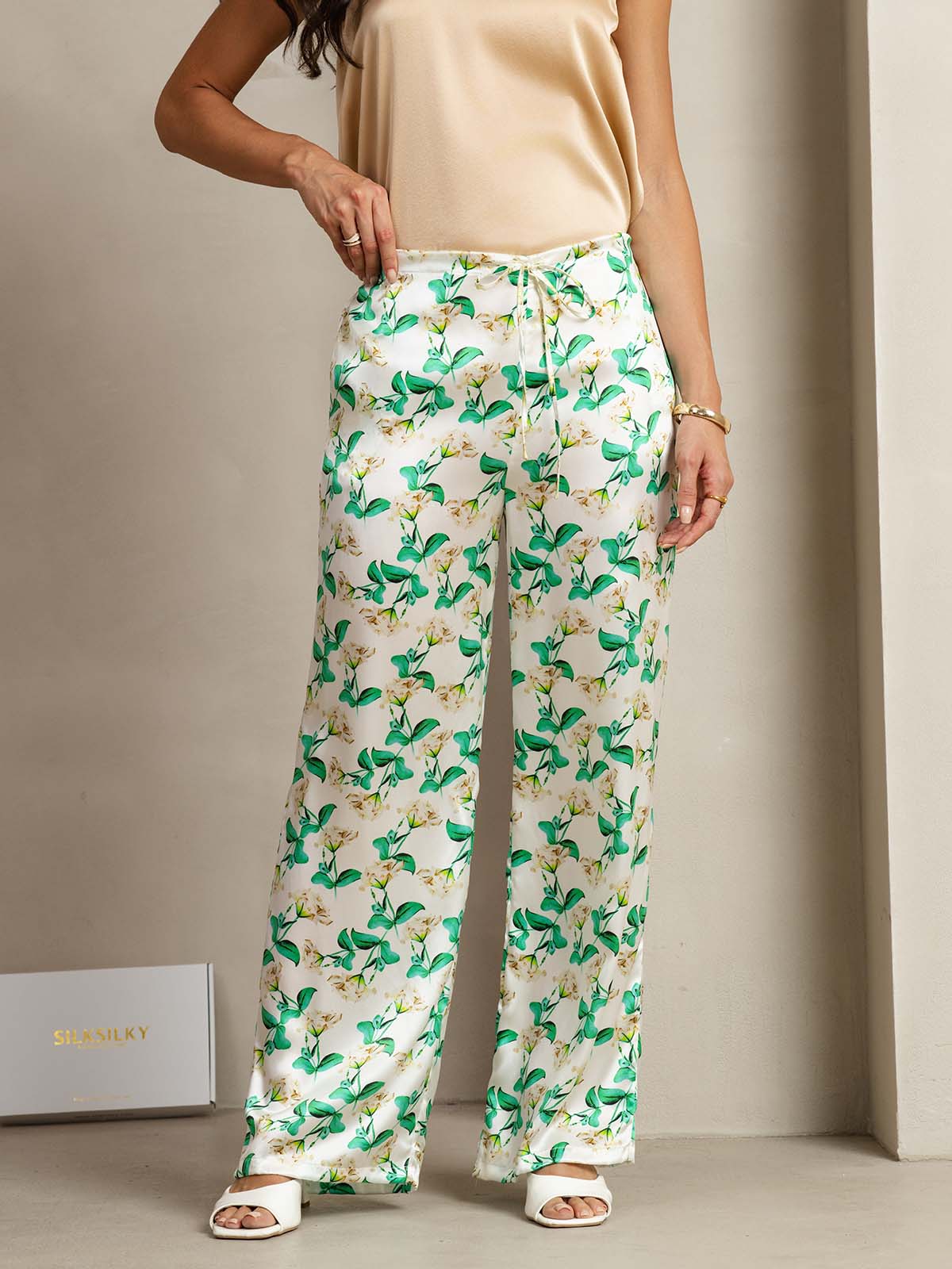 [Groene Bloemen] SilkSilky-NL 19Momme Zijde Womens Pants 001
