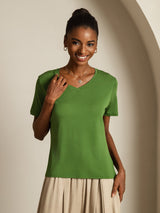 [Groen] SilkSilky-NL Short Sleeve V Neck Dames T-Shirt 005