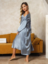 [Grijsachtig Blauw] SilkSilky-NL Long Sleeve V Neck Nachthemd&Kamerjas Set 002