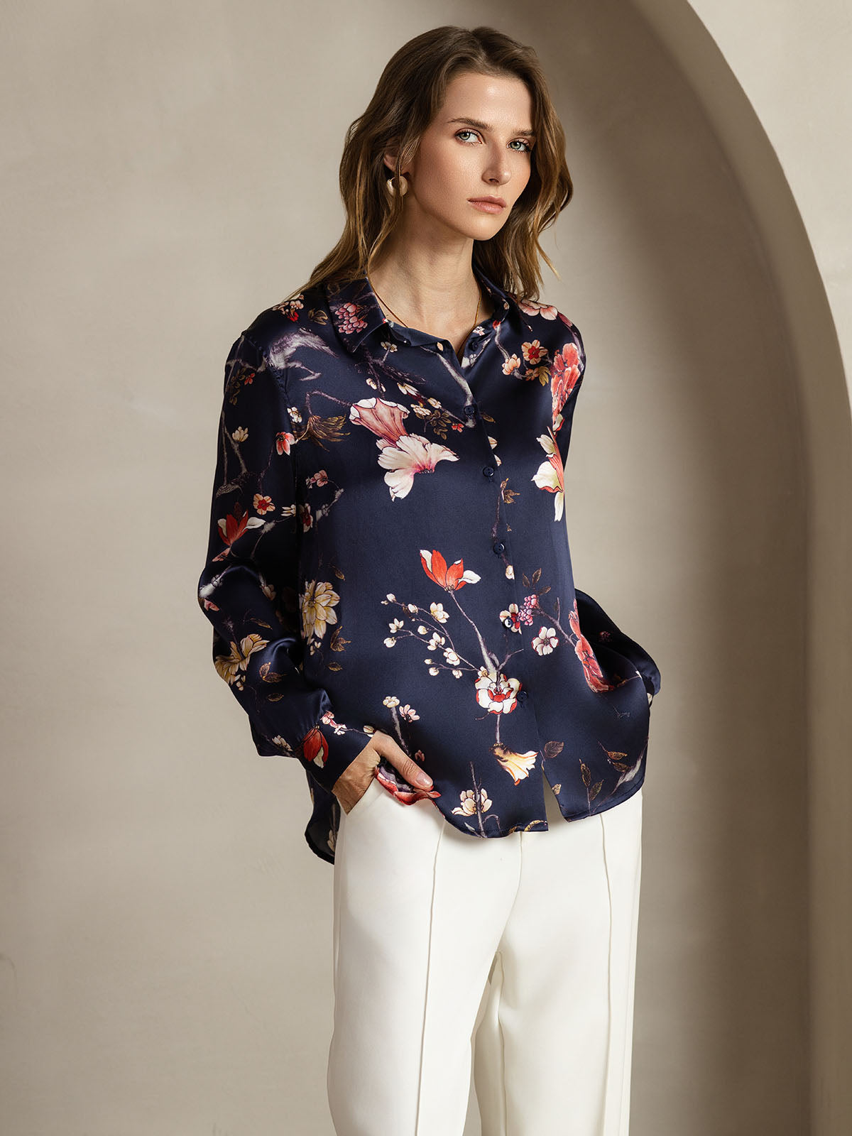 [Marine Bloemen] SilkSilky-NL Long Sleeve Lapel Collar Dames Blouse 001