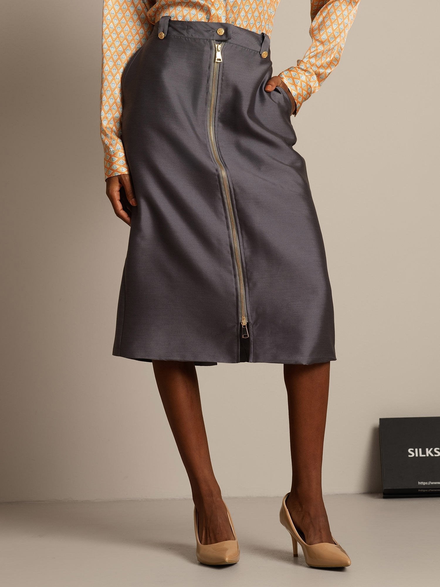 [Grijs] SilkSilky-NL 32Momme Silk-Wool Blend Skirt 003,