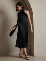 [Zwart] SilkSilky-NL 19Momme Stretch Silk Charmeuse Sleeveless Tie Neck Jurk 001