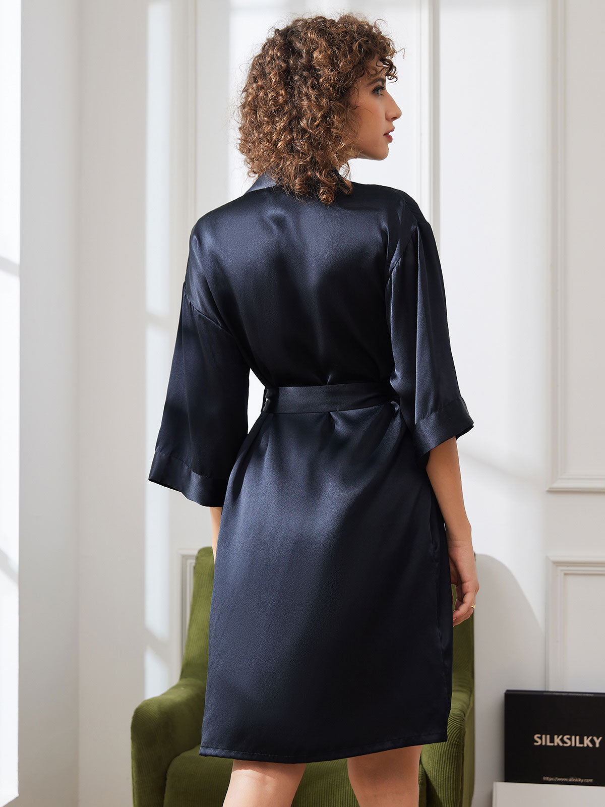 [Zwart] SilkSilky-NL Pure Silk Halve Mouw Womens Robe 002