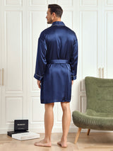 [Donkerblauw] SilkSilky-NL Pure Silk 3/4 Mouw Mens Robe 002