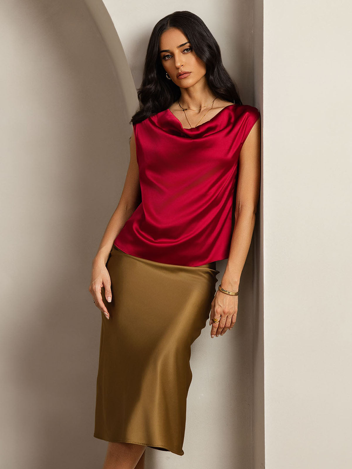 [Wijn] SilkSilky-NL 19Momme Zijde Mouwloos Womens T-Shirt 001