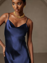 [Donkerblauw] SilkSilky-NL Spaghetti Bandjes Waterval Hals Jurk 007
