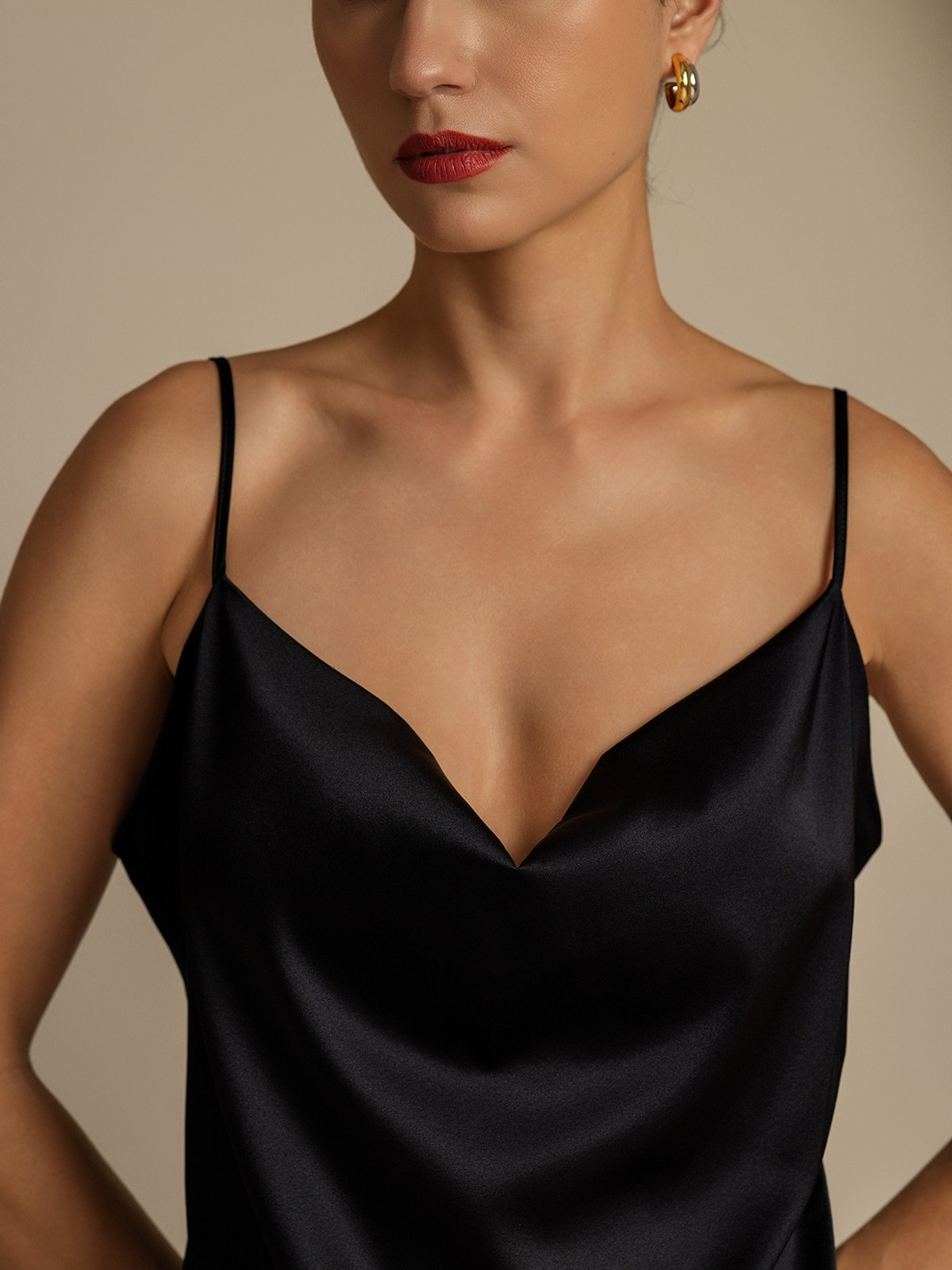 [Zwart] SilkSilky-NL 19Momme Spaghetti Bandjes Waterval Hals Women''s Outfit Sets 004