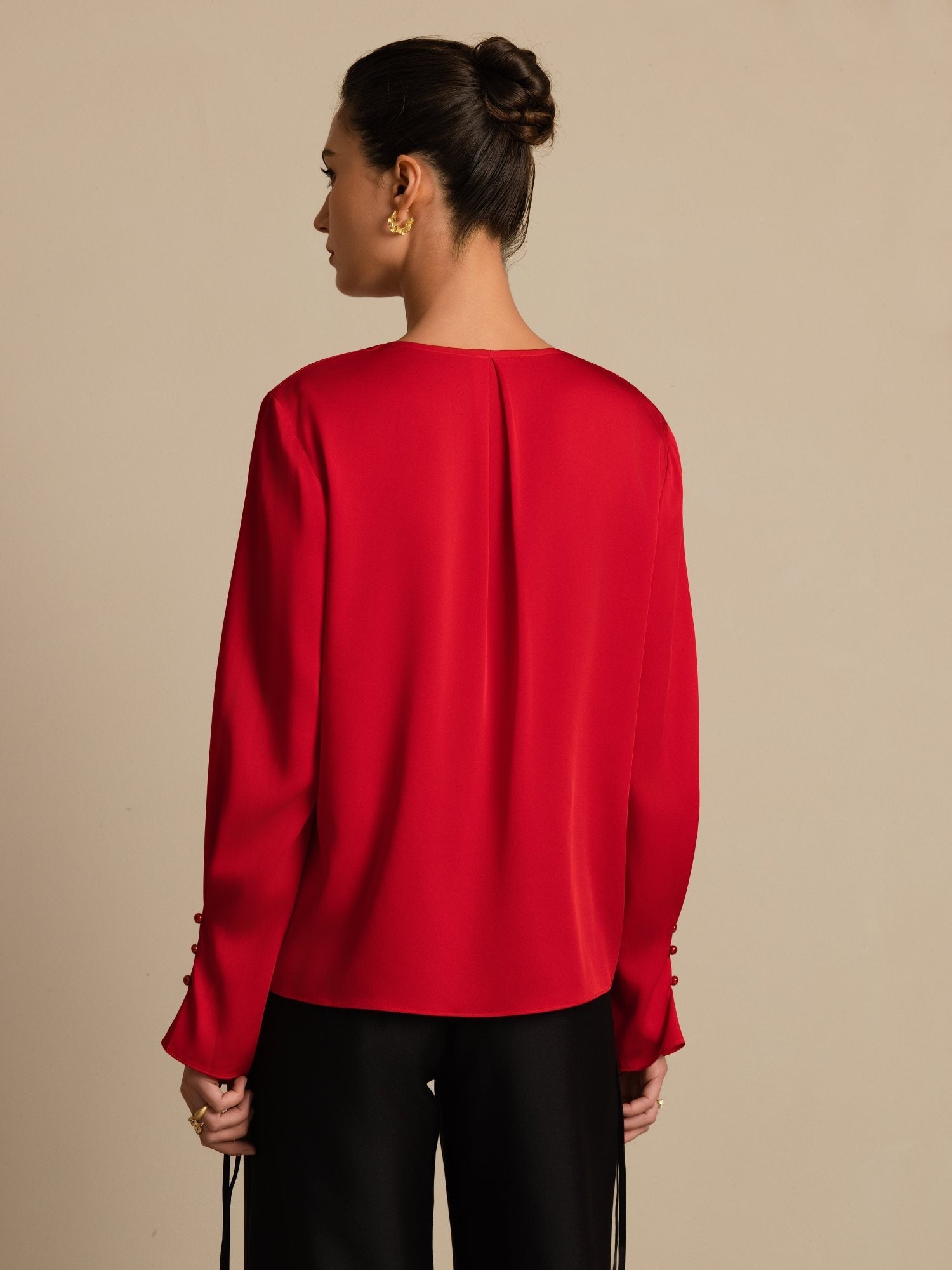 [Wijn] SilkSilky-NL 19Momme Zijde Lange Mouw V Hals Blouse 002