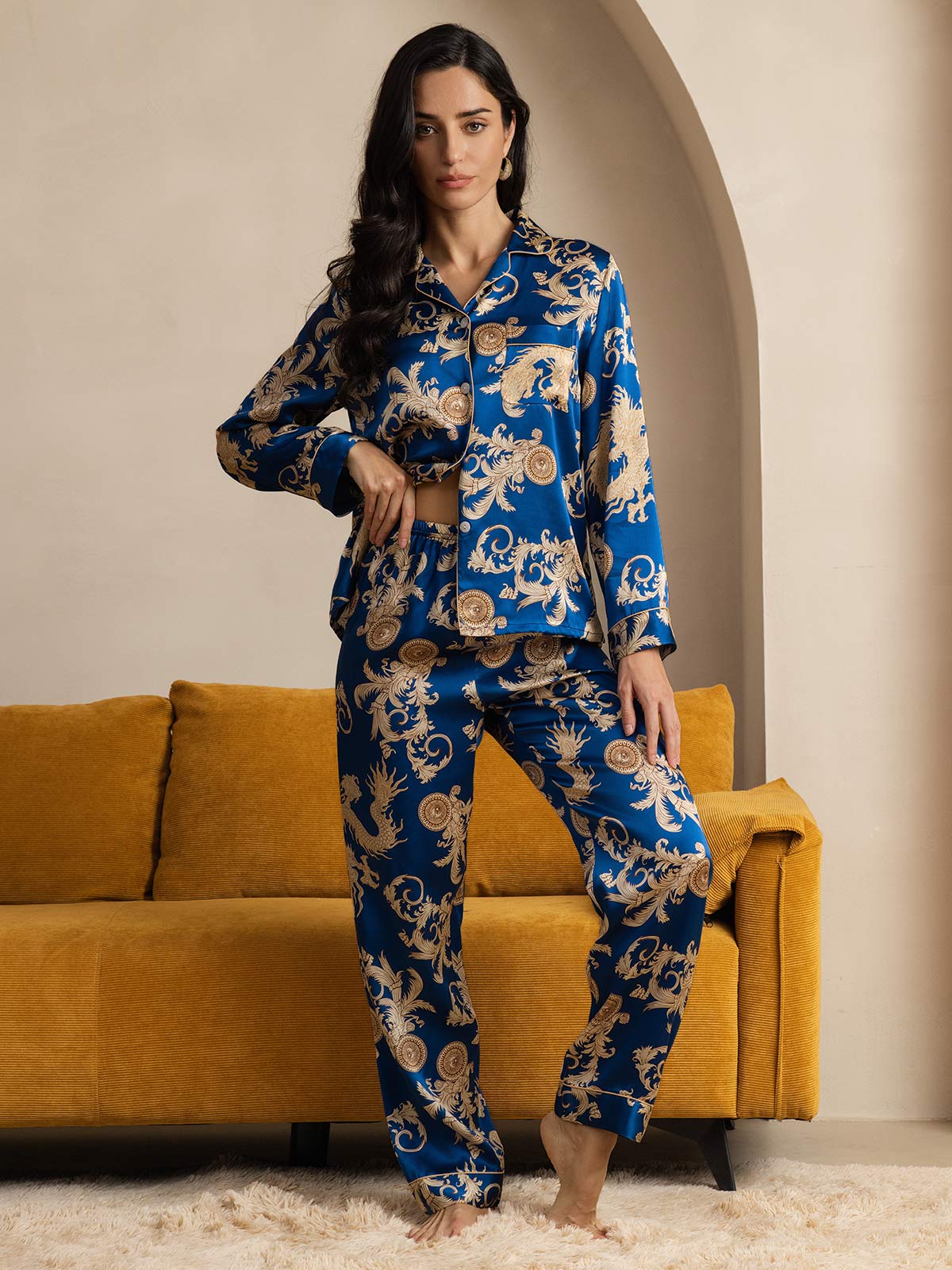 SilkSilky-NL Lange Mouw Revers Dames Pyjama Set Blauw 004