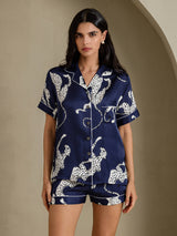 [Marineblauwe Jachtluipaard] SilkSilky-NL Short Sleeve Notch Collar Dames Pyjama Set 004