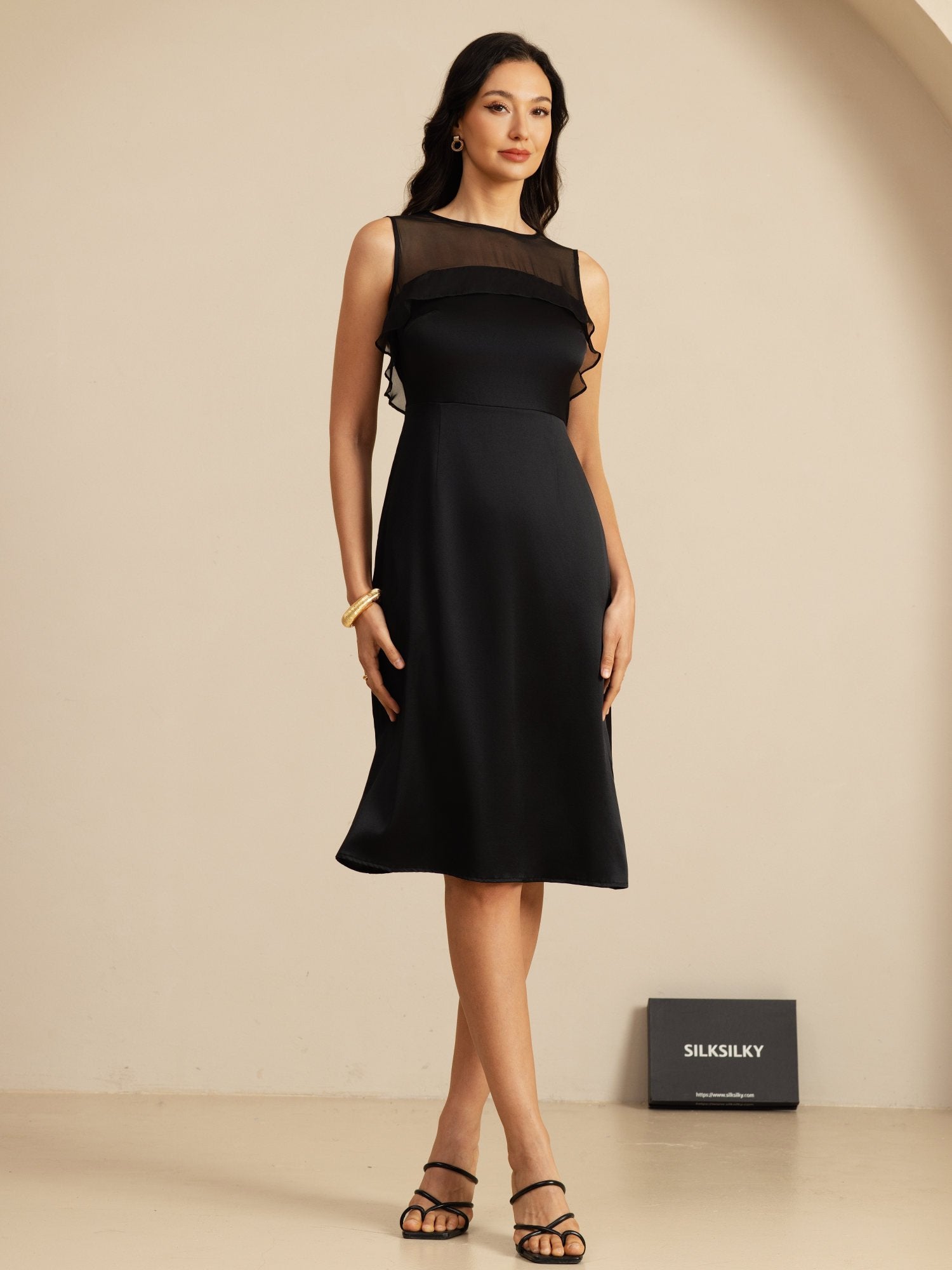 [Zwart] SilkSilky-NL 19Momme Sleeveless Illusion Neck Jurk 008